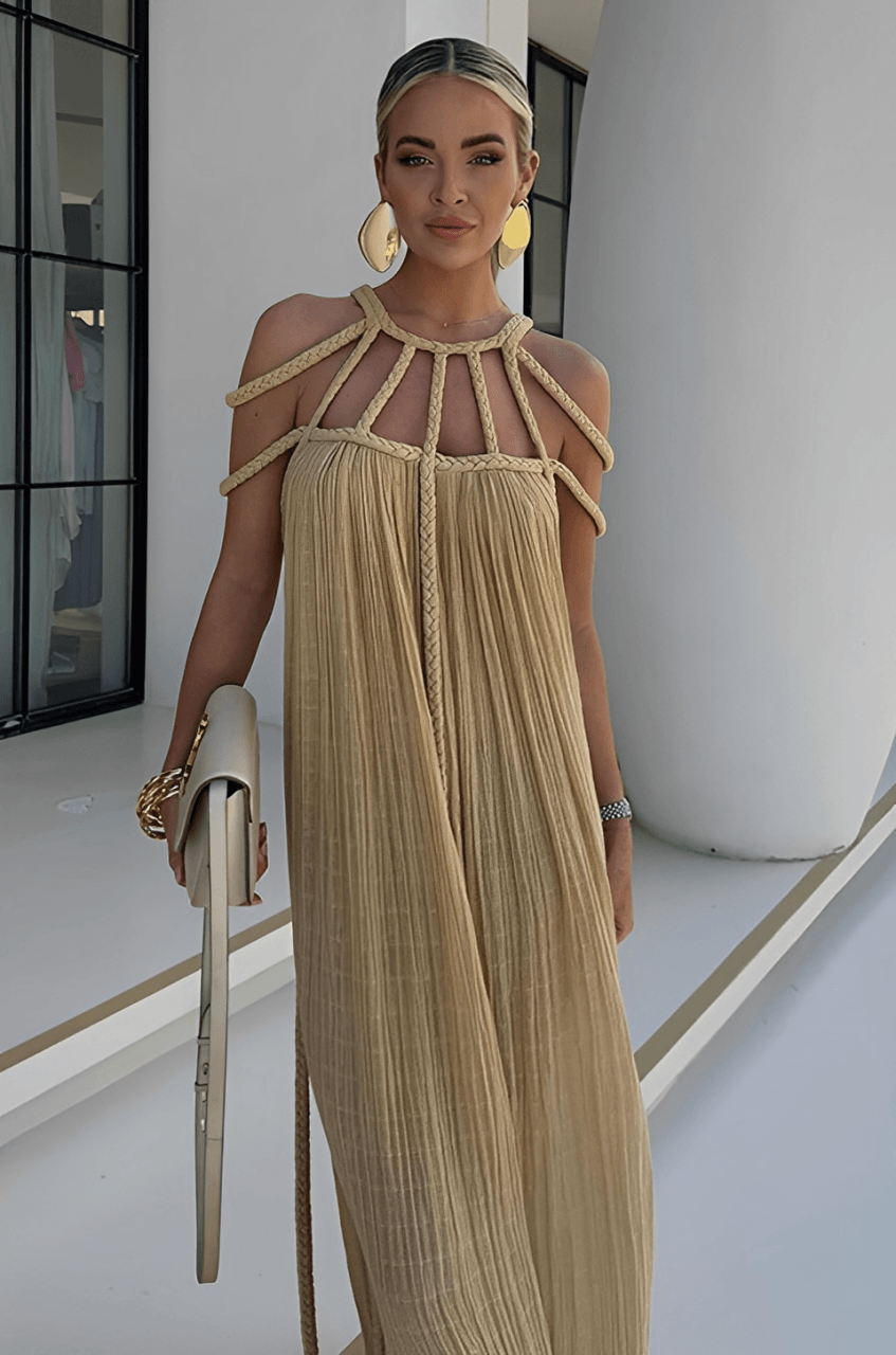 Dresses | Women’s Pleated Maxi Dress with Strappy Neckline Detail