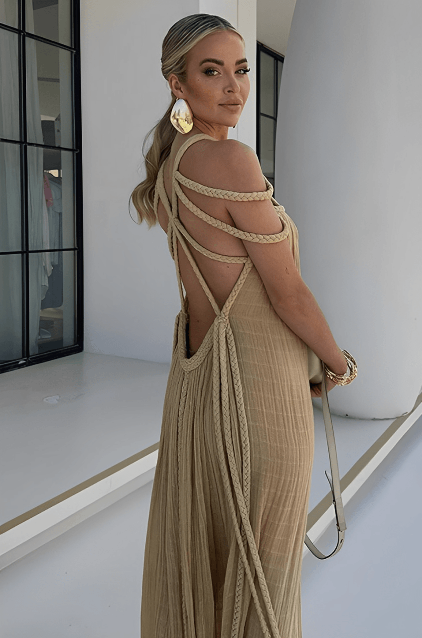 Dresses | Women’s Pleated Maxi Dress with Strappy Neckline Detail