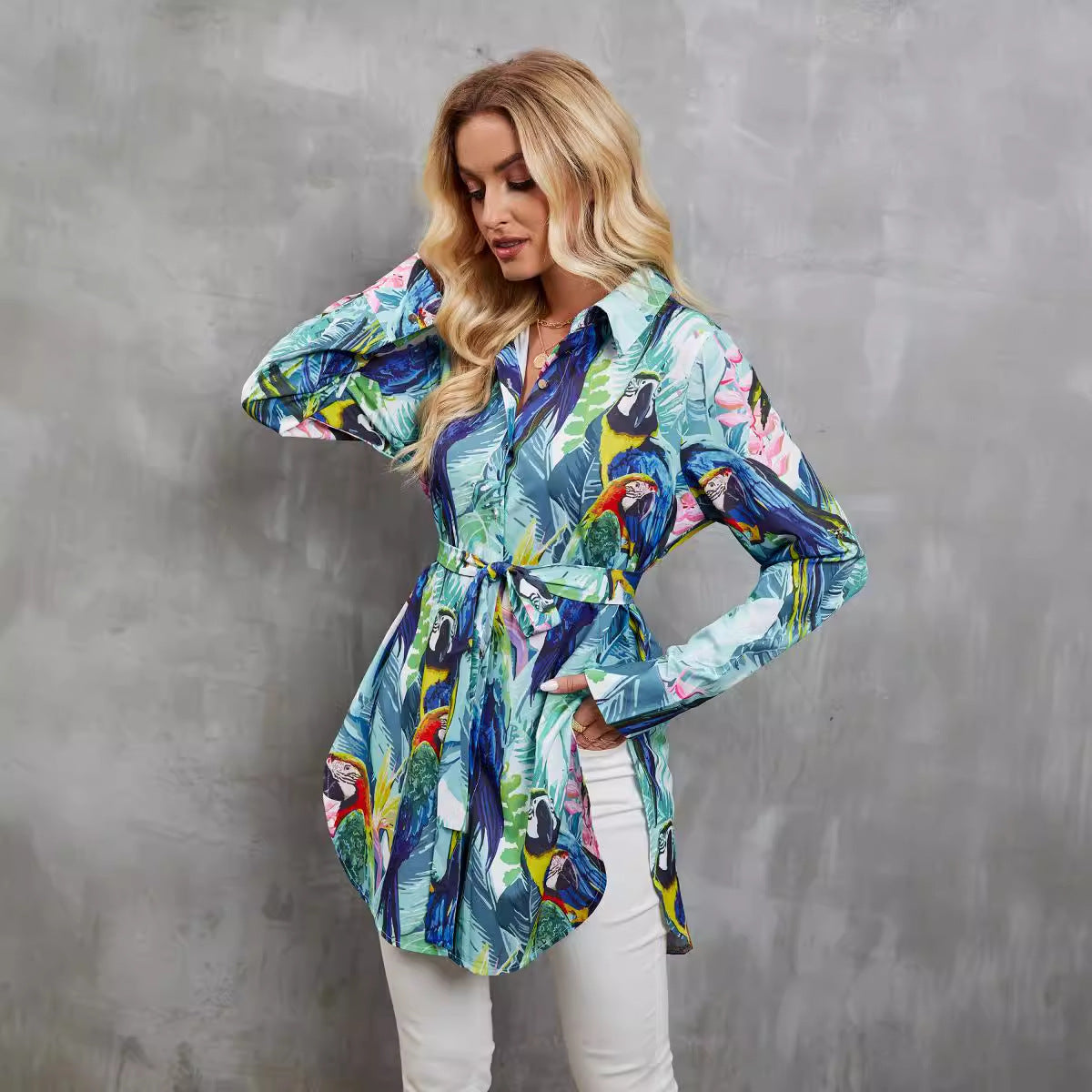 Tops | Women’s Tropical Print Long Sleeve Button-Down Shirt with Waist Tie