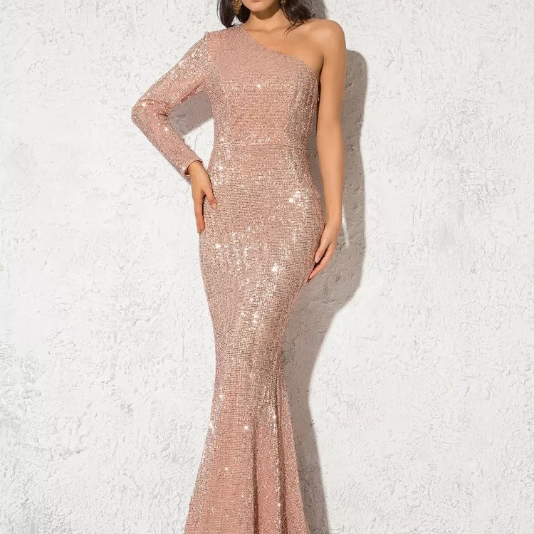 Evening Gown | One-Shoulder Sequined Mermaid Gown
