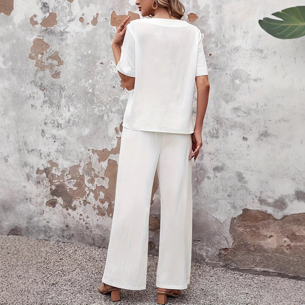 Two-Piece Set | Relaxed Fit Top and Wide-Leg Trousers with Side Button Detail