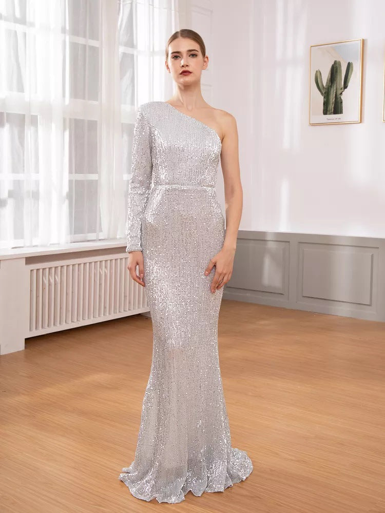 Evening Gown | One-Shoulder Sequined Mermaid Gown