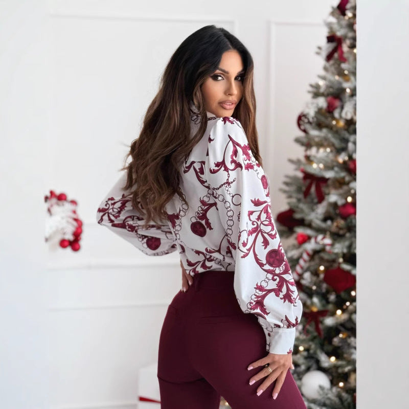 Tops | Women’s Satin Feel Printed Long Sleeve Shirt with Bow Tie Collar