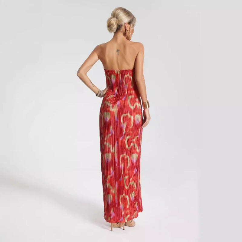 Dress | Strapless Pleated Maxi Dress with Abstract Print
