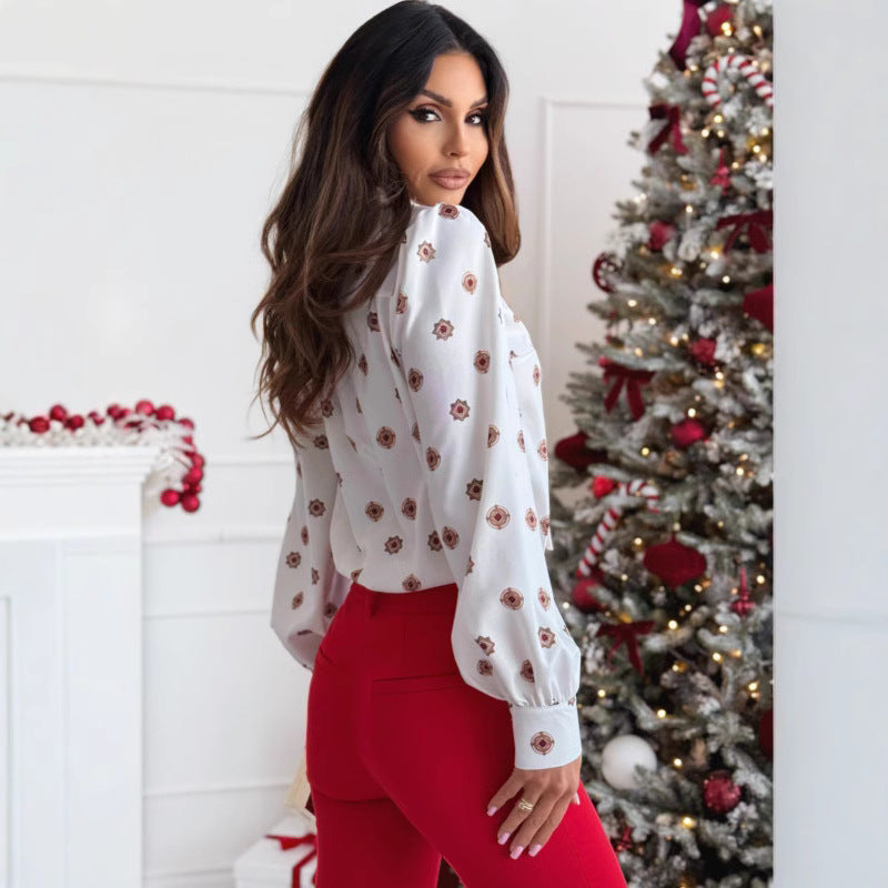 Tops | Women’s Satin Feel Printed Long Sleeve Shirt with Bow Tie Collar