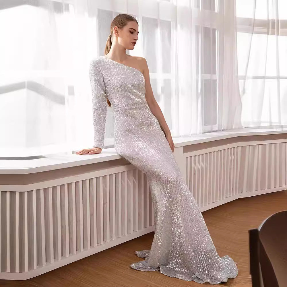 Evening Gown | One-Shoulder Sequined Mermaid Gown
