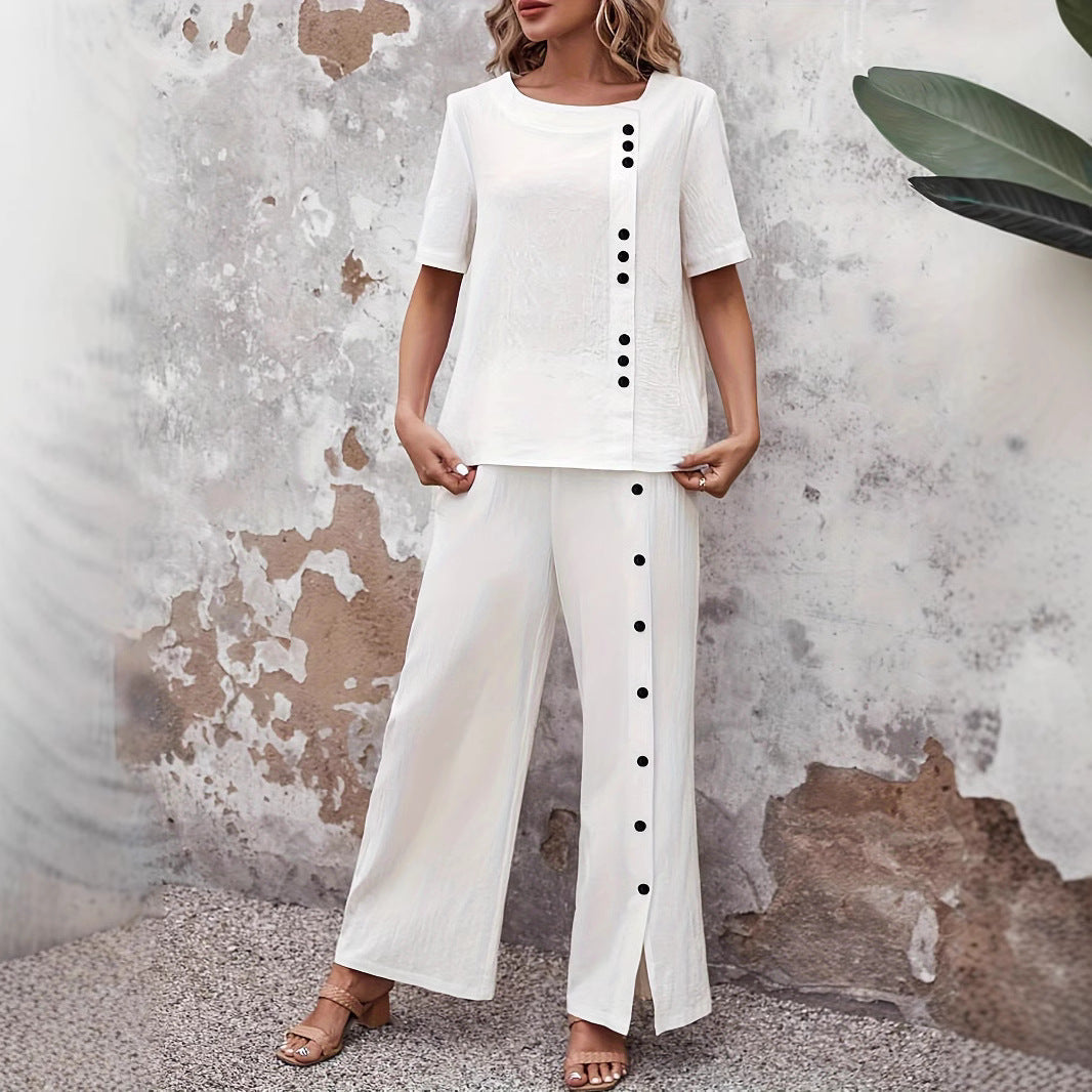 Two-Piece Set | Relaxed Fit Top and Wide-Leg Trousers with Side Button Detail