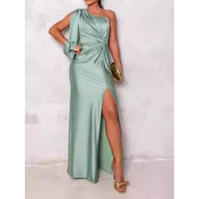 Dresses | Women’s One-Shoulder Satin Maxi Dress with High Slit and Ruched Detail
