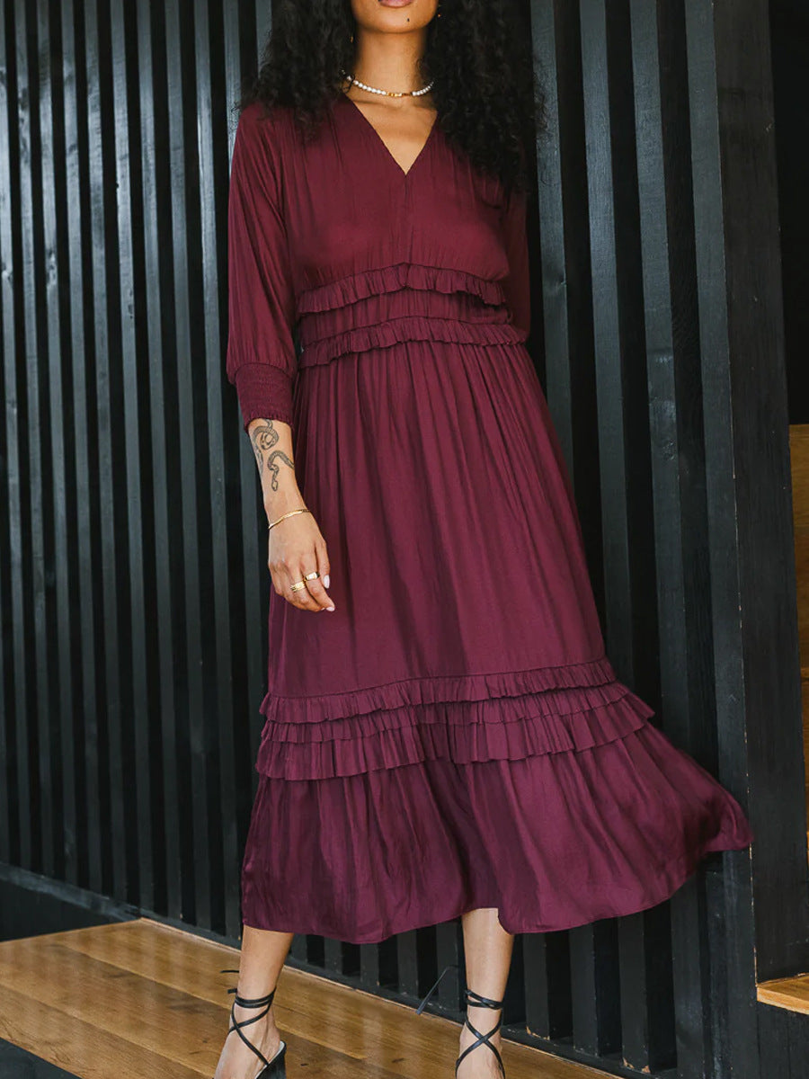 Dress | V-Neck Midi Dress with Tiered Ruffle Hem