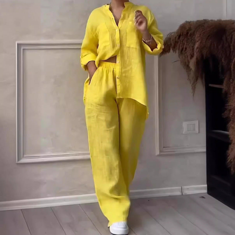 Two-Piece Set | Linen Blend Shirt and Wide-Leg Trousers for Women