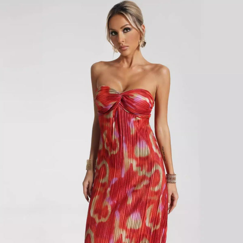 Dress | Strapless Pleated Maxi Dress with Abstract Print