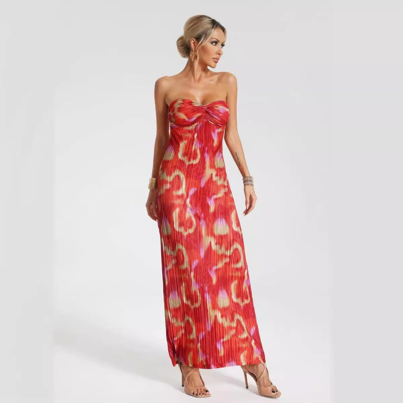 Dress | Strapless Pleated Maxi Dress with Abstract Print