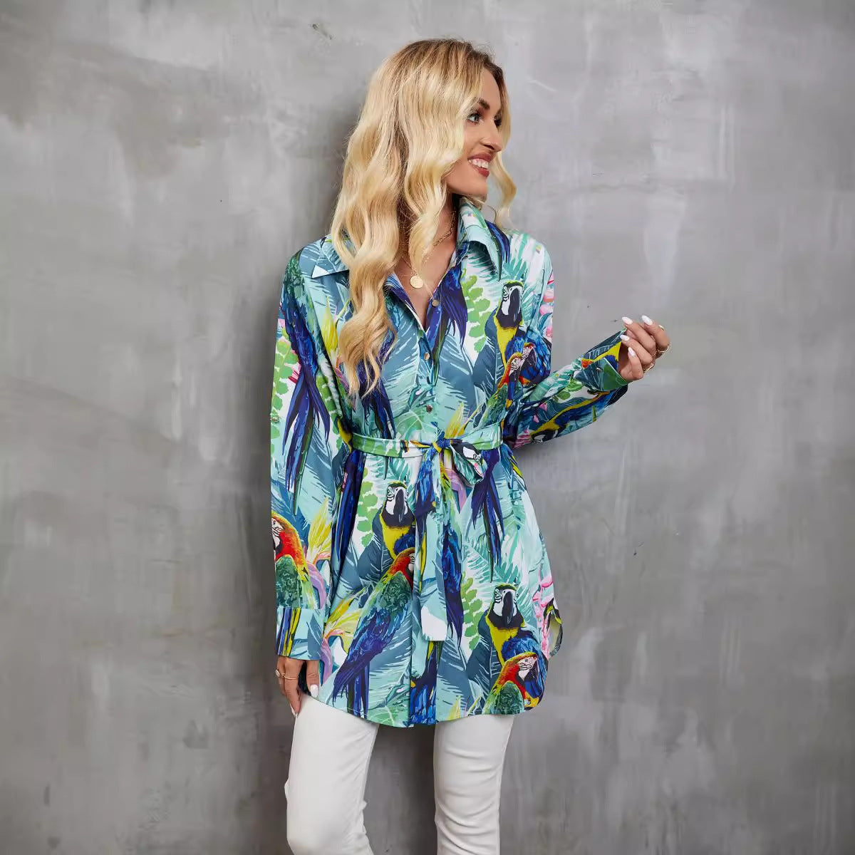 Tops | Women’s Tropical Print Long Sleeve Button-Down Shirt with Waist Tie