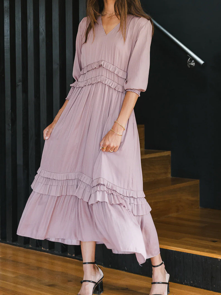 Dress | V-Neck Midi Dress with Tiered Ruffle Hem