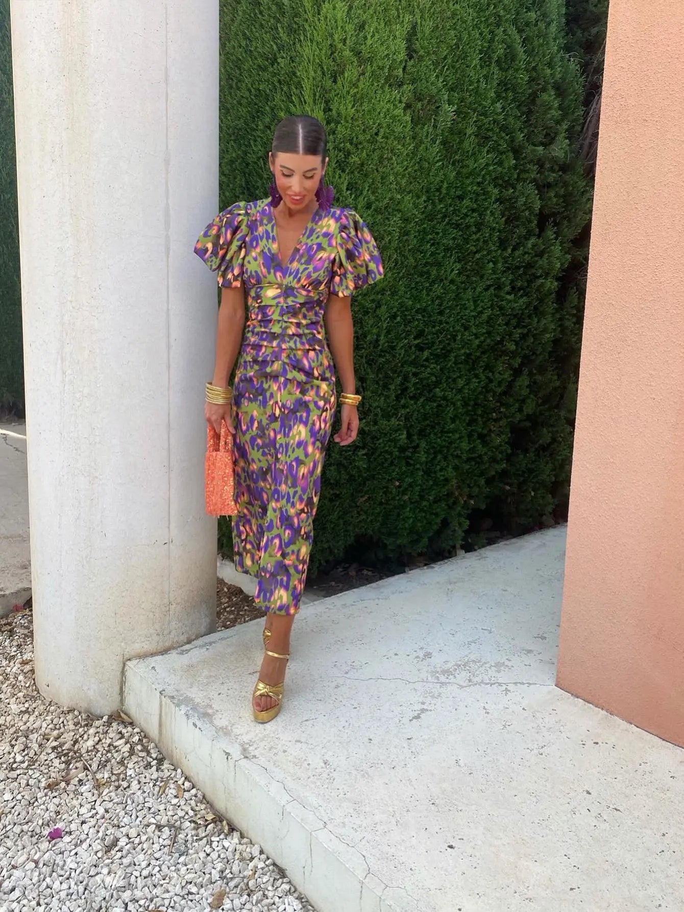 Dress | Pleated Sleeve Colorful Midi Dress