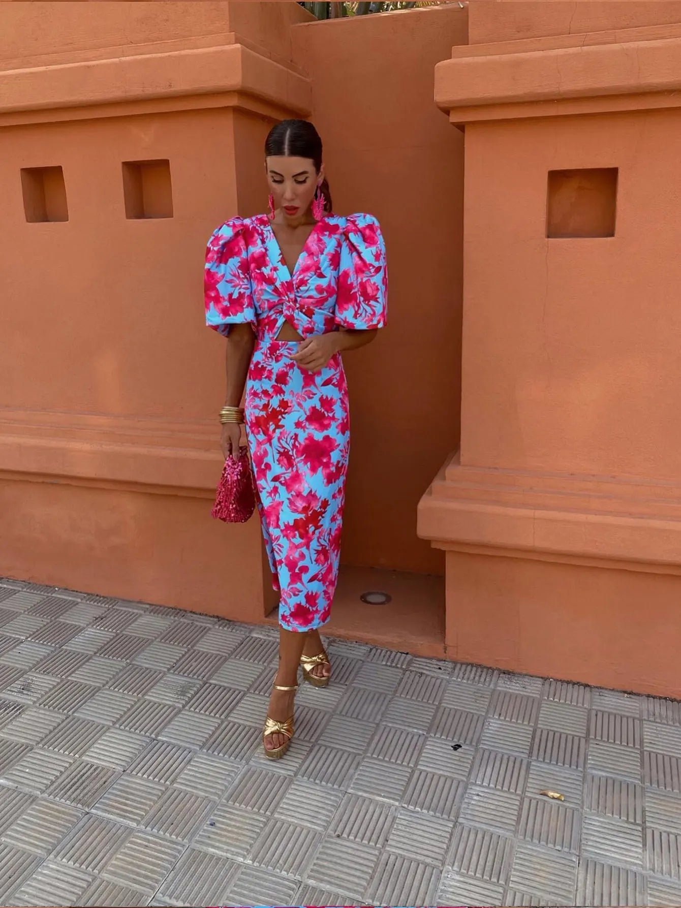 Dress | Pleated Sleeve Colorful Midi Dress