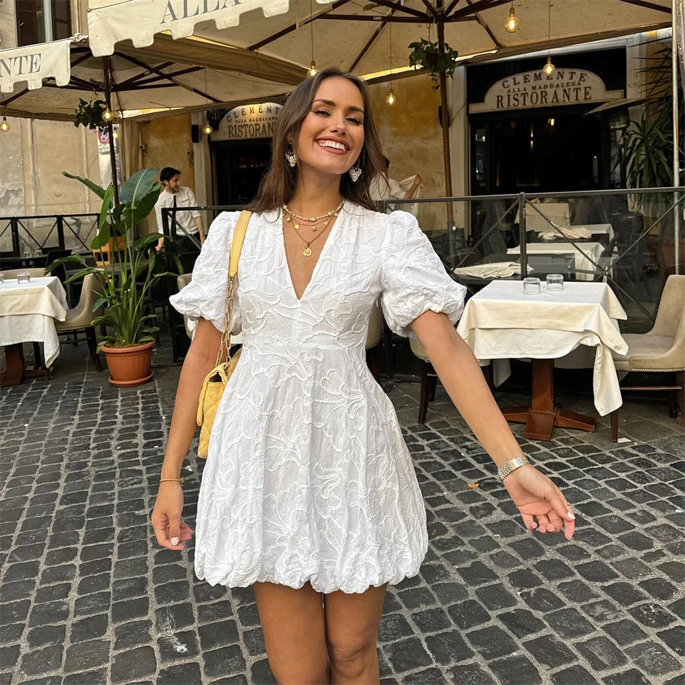 Dresses | Women’s Lace Puff Sleeve Deep V-Neck Mini Dress