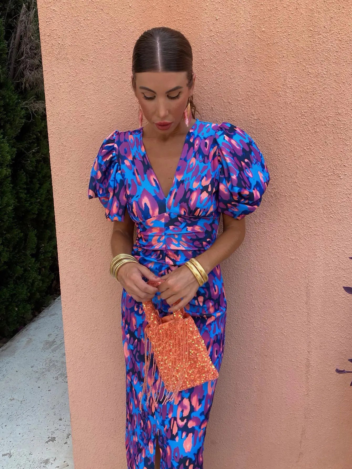 Dress | Pleated Sleeve Colorful Midi Dress