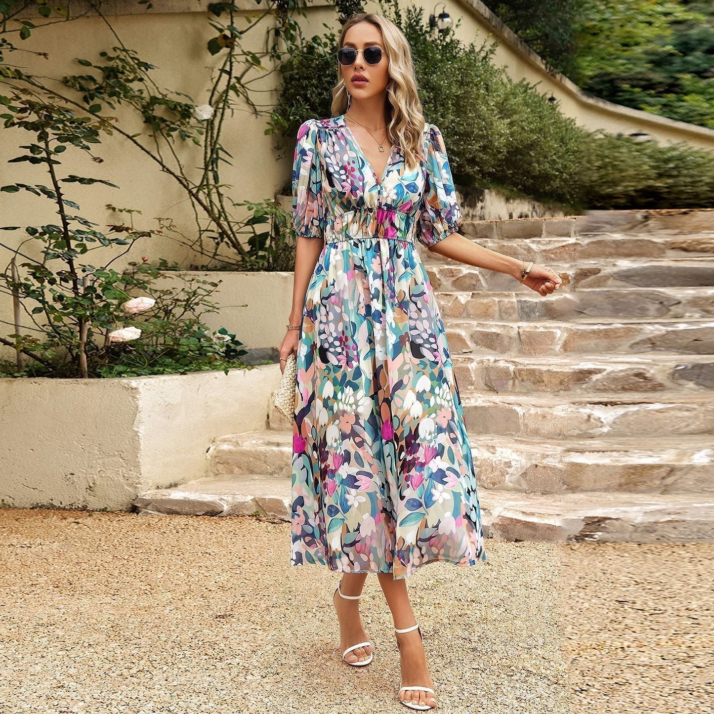 Dress | V-Neck Puff Sleeve Midi with Waist Tie