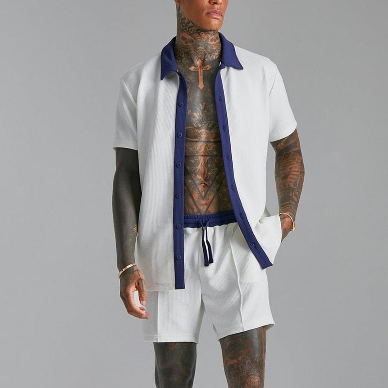 Sets | Men’s Contrast Trim Short Sleeve Shirt & Drawstring Shorts Set