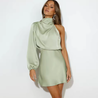 Dresses | Women’s Satin One-Shoulder Long Sleeve Mini Dress