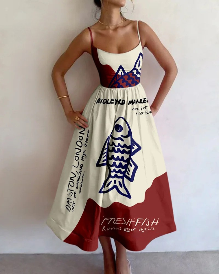 Midi Dress | Abstract Fish Print with Strappy Bodice