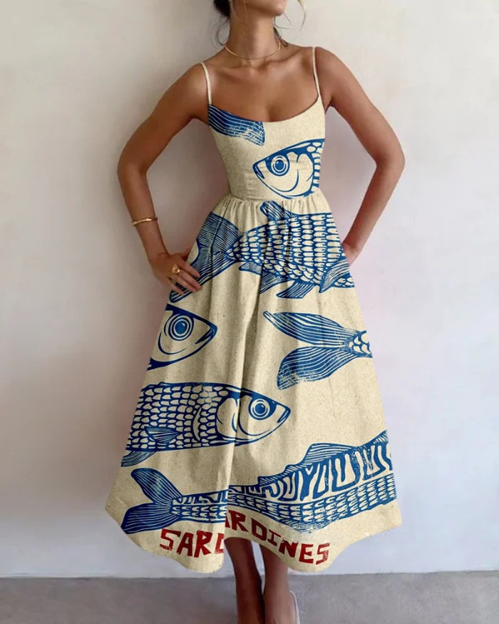 Midi Dress | Abstract Fish Print with Strappy Bodice