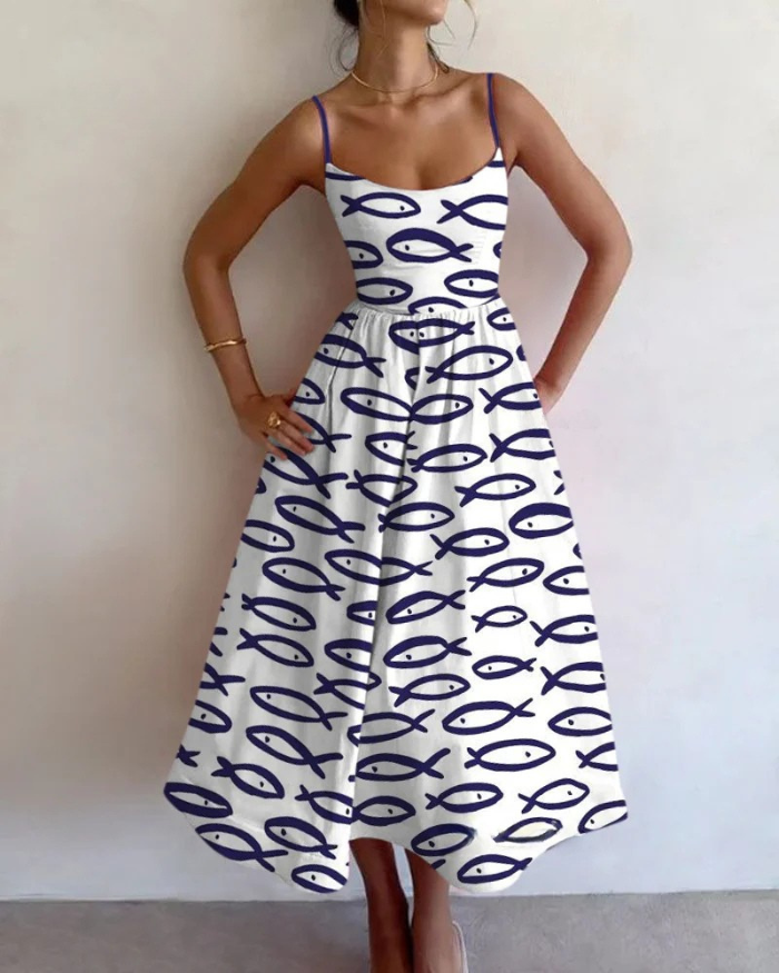 Midi Dress | Abstract Fish Print with Strappy Bodice