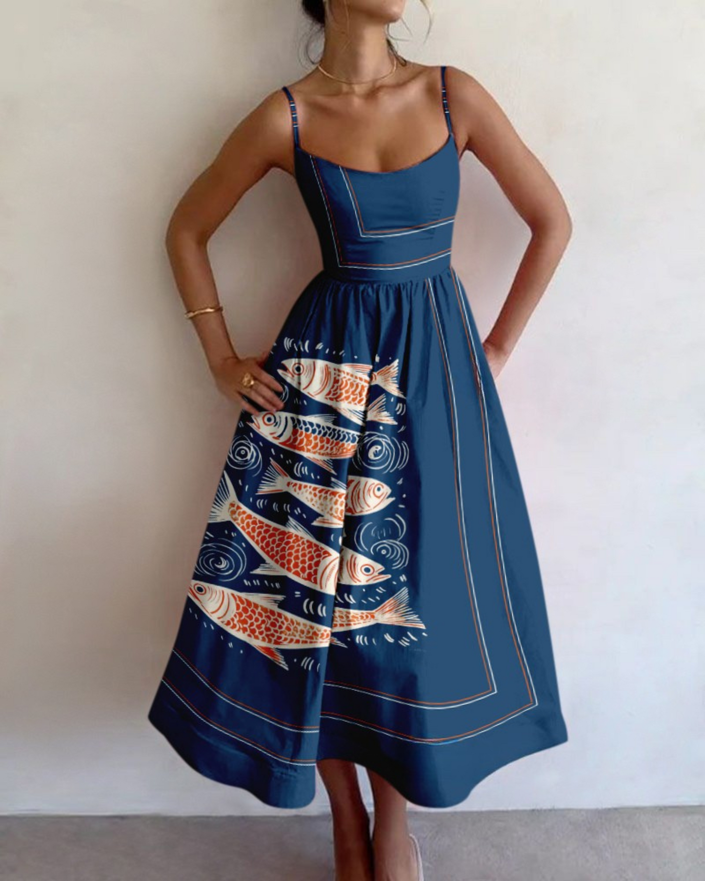 Midi Dress | Abstract Fish Print with Strappy Bodice