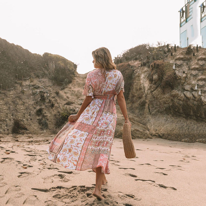 Dress | Bohemian Floral Midi Dress with Flowing Silhouette