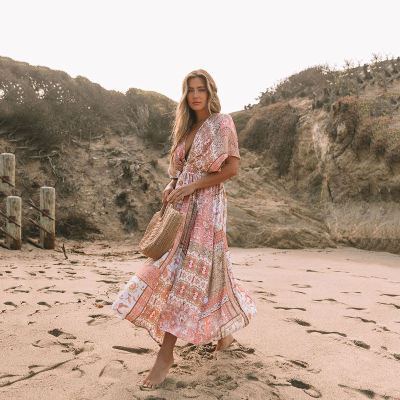 Dress | Bohemian Floral Midi Dress with Flowing Silhouette