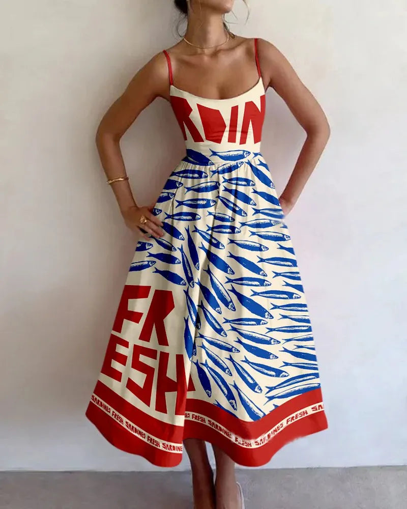 Midi Dress | Abstract Fish Print with Strappy Bodice