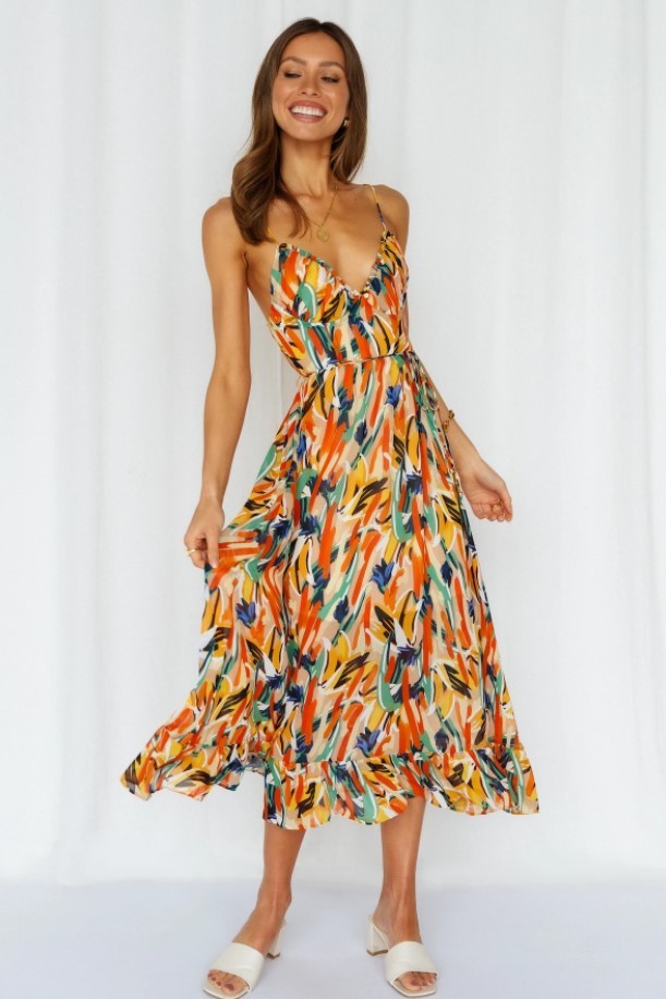 Dresses | Women’s Strapless Tropical Print Midi Dress with Ruffled Hem