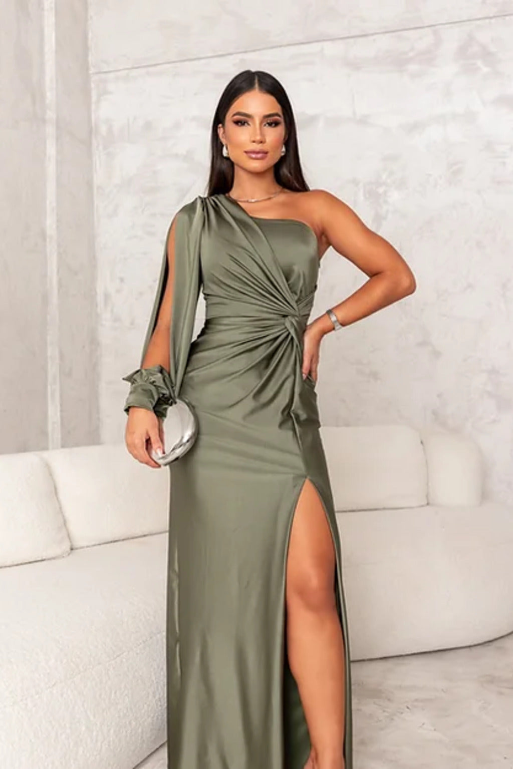Dresses | Women’s One-Shoulder Draped Sleeve Evening Gown with High Slit
