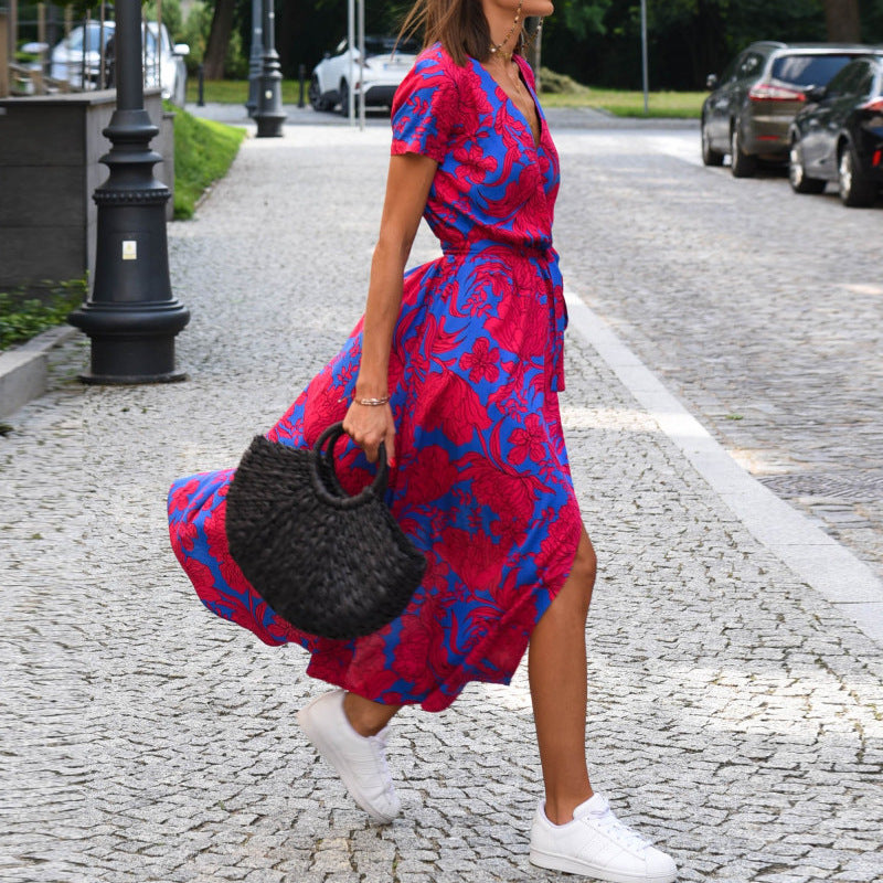 Dresses | Women’s Short Sleeve V-Neck Midi Dress with Belted Waist