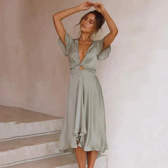 Dresses | Women’s Satin Wrap V-Neck Short Sleeve Midi Dress