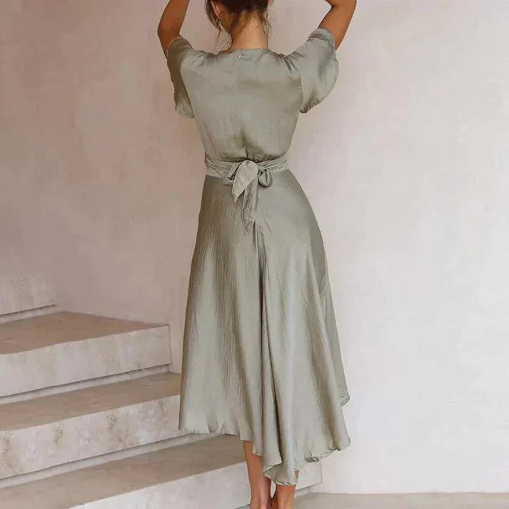Dresses | Women’s Satin Wrap V-Neck Short Sleeve Midi Dress