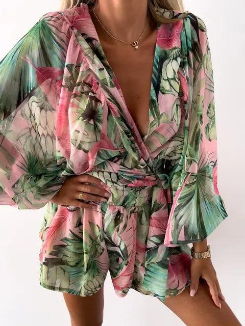 Rompers | Women’s Boho Floral Long Sleeve Ruffle Hem Romper