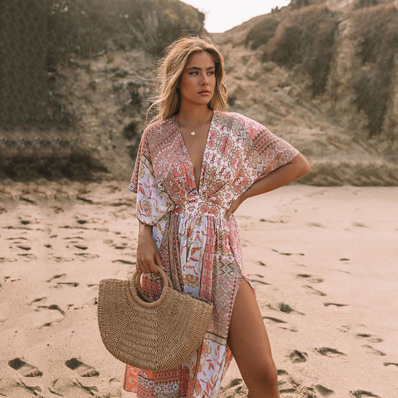 Dress | Bohemian Floral Midi Dress with Flowing Silhouette