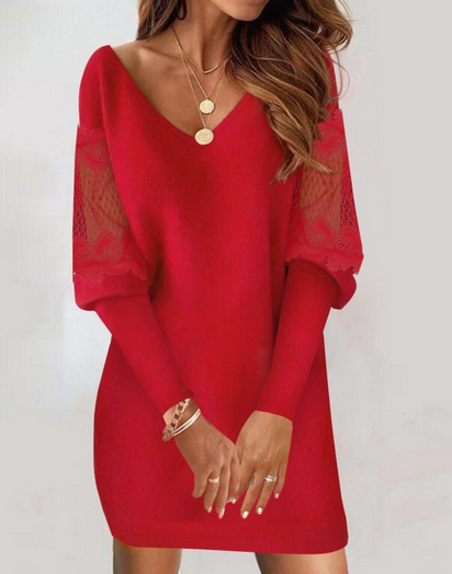 Dresses | Women’s Mini Dress with Sheer Floral Sleeves and V-Neck