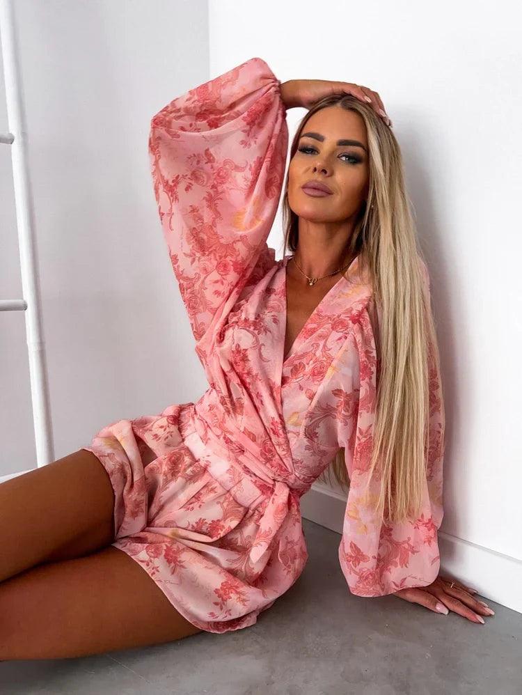Rompers | Women’s Boho Floral Long Sleeve Ruffle Hem Romper