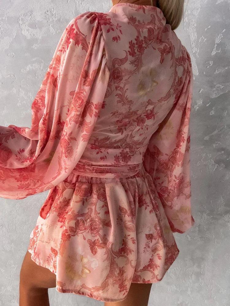 Rompers | Women’s Boho Floral Long Sleeve Ruffle Hem Romper