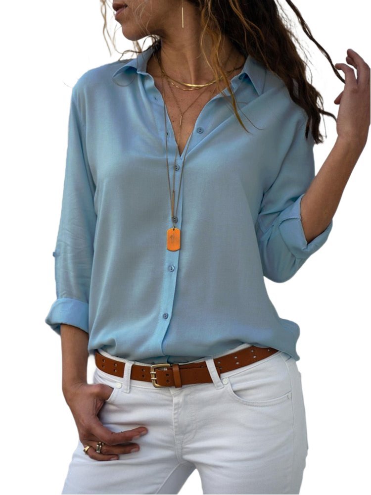Tops | Women’s Casual Button-Down Blouse with Roll-Up Sleeves