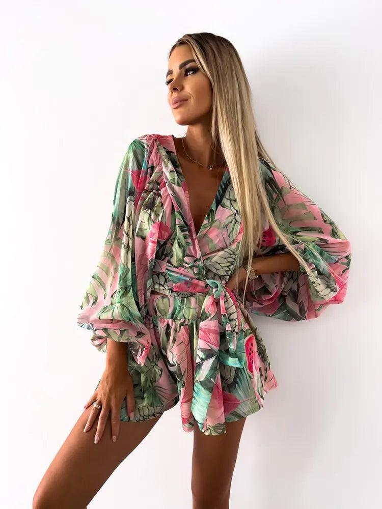 Rompers | Women’s Boho Floral Long Sleeve Ruffle Hem Romper