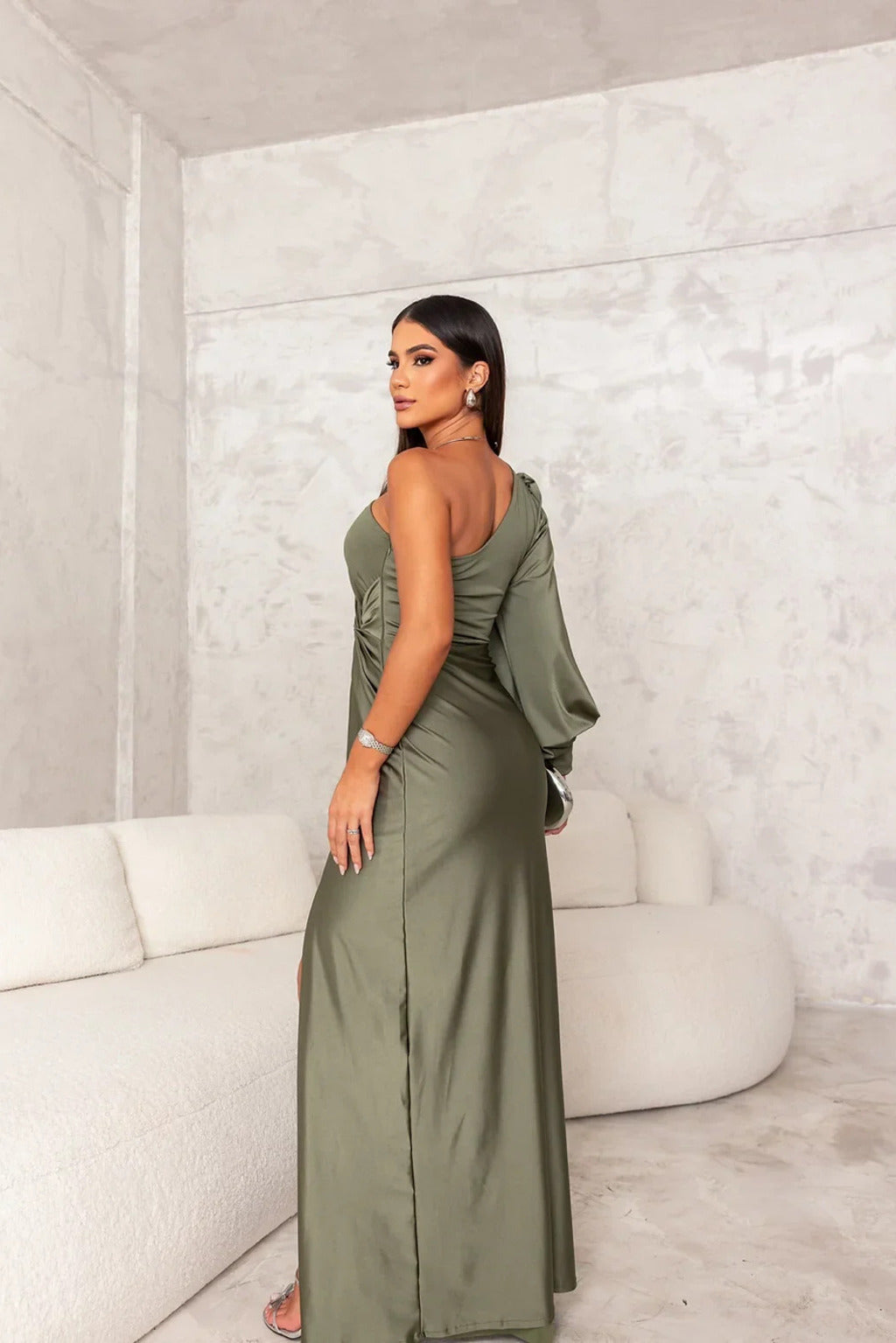 Dresses | Women’s One-Shoulder Draped Sleeve Evening Gown with High Slit