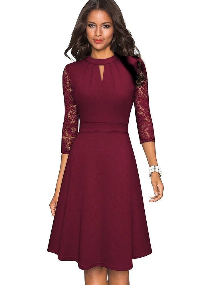 Dresses | Women’s Lace Sleeve Keyhole Neck A-Line Midi Dress