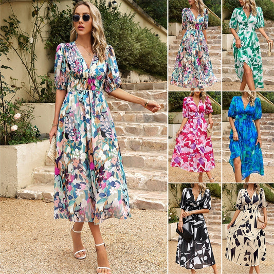 Dress | V-Neck Puff Sleeve Midi with Waist Tie