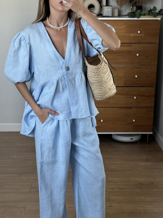 Sets | Women’s Casual Linen Button-Top and Wide-Leg Pants Two-Piece Set
