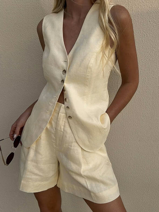 Sets | Women’s Linen-Blend Vest and High-Waist Shorts Two-Piece Set