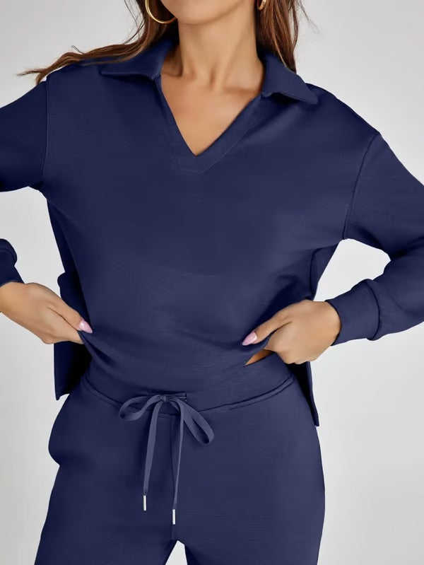Two-Piece Set | V-Neck Sweatshirt & Wide-Leg Trousers